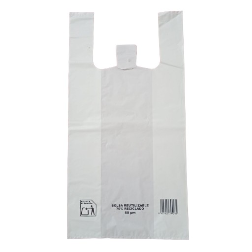 Bolsas de asa blanca elaboradas con un 50 - 70% de materiales reciclados que ayudan a conservar el medio ambiente