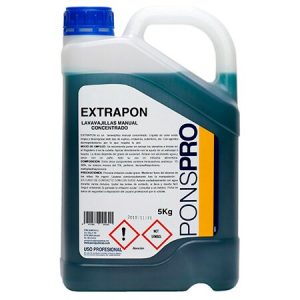 Lavavajillas manual concentrado Extrapon profesional de 5 litros está diseñado para eliminar grasas y residuos en utensilios de cocina.