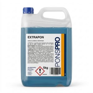 Lavavajillas manual concentrado Extrapon profesional de 5 litros está diseñado para eliminar grasas y residuos en utensilios de cocina.