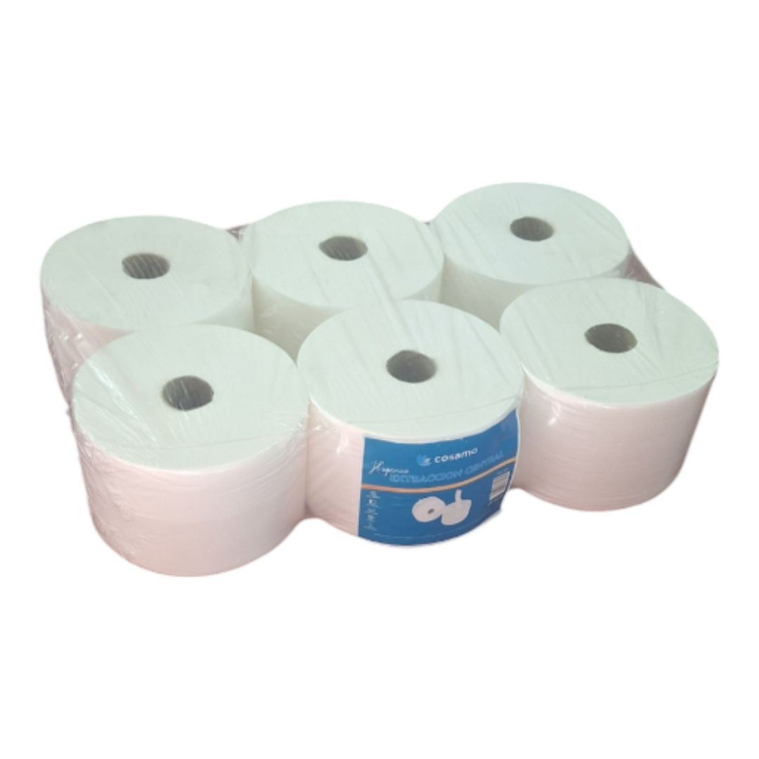 Papel higiénico extracción central P/6U de 170 metros por rollo, fabricado con pasta pura de doble capa. Su diseño es ideal para dispensadores especiales