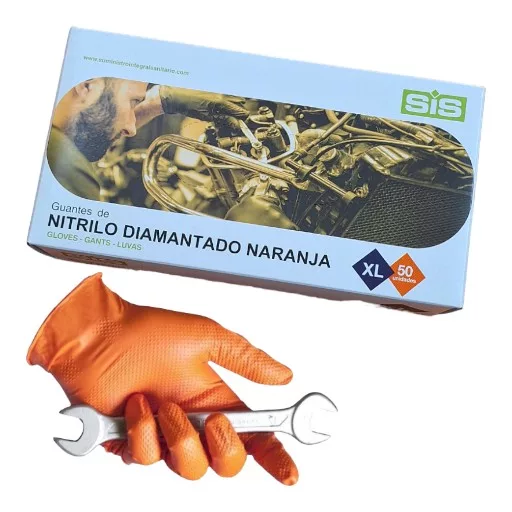 GUANTES DE NITRILO DIAMANTADO NARANJA T/XL 50U.