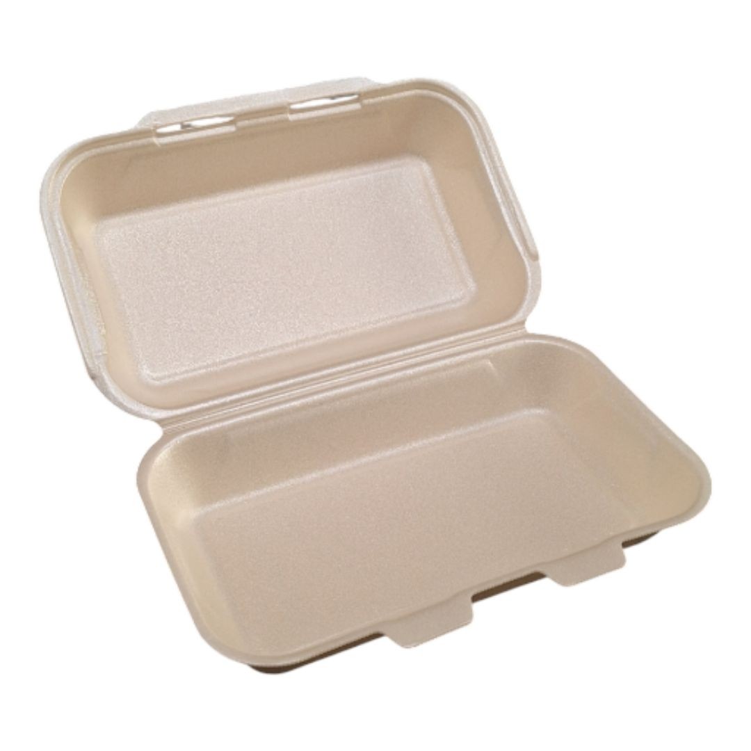 Envase de porex para serranitos, resistente y térmico. Mantiene la comida caliente. Pack de 125 unidades ideal para hostelería y take away.