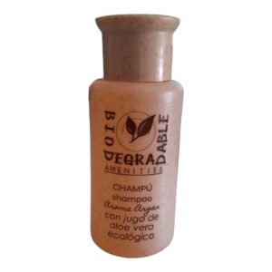 Champú biodegradable aroma argán, ideal para hoteles y alojamientos turísticos, ofrece una experiencia lujosa y sostenible.