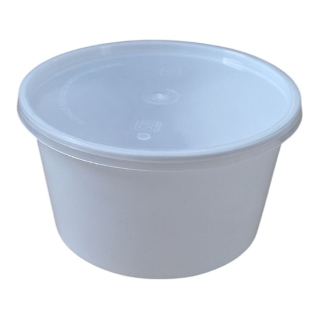 Tarrina pp redonda blanca de 1000 cc ideal para comida caliente ya que  es apta para introducir en el microondas, pack de 50 unidades en caja de 3 pack, lleva sus tapas incluidas