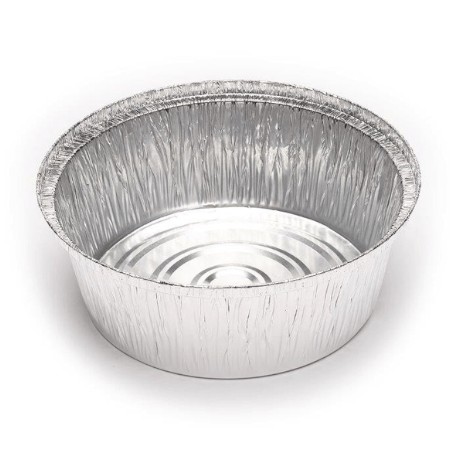 Envase redondo de aluminio de 1400 cc, ideal para alimentos calientes. Su estructura asegura una excelente retención de temperatura