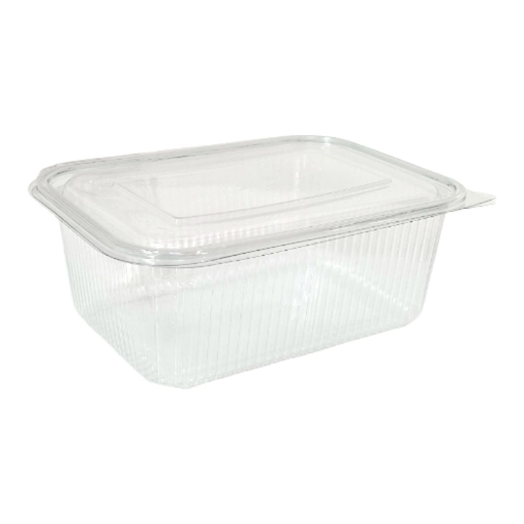 Tarrina de plástico 2000cc transparente con tapa de bisagra fabricada en PET para uso alimentario,ideal para comidas frías para llevar