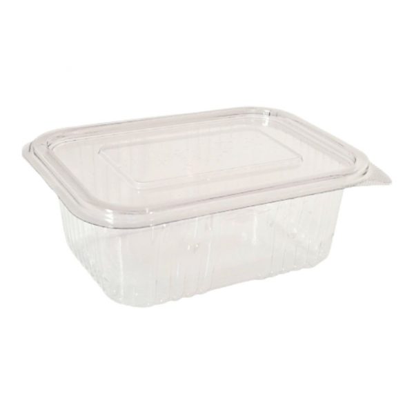 Tarrina bisagra pet rectangular de plástico transparente de 500 cc especialmente diseñada para comida fría.