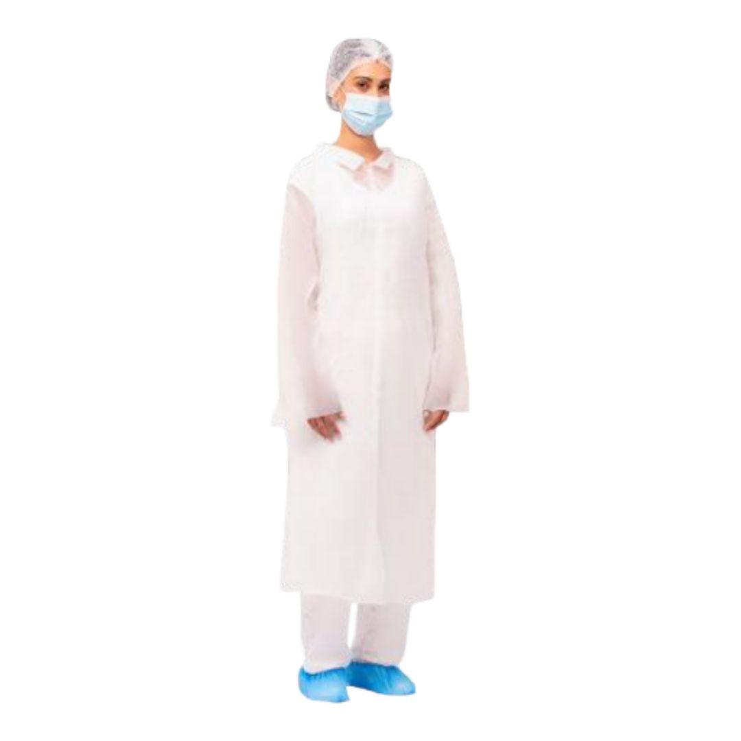 Kit de visita monouso compuesto de 1 x DM01 Gorro clip blanco en polipropileno
1 x DK01 Mascarilla higiénica azul de 3 capas
1 x DC01 Bata visita blanca en polietileno
2 x DF01 Cubre zapatos azul en CPE