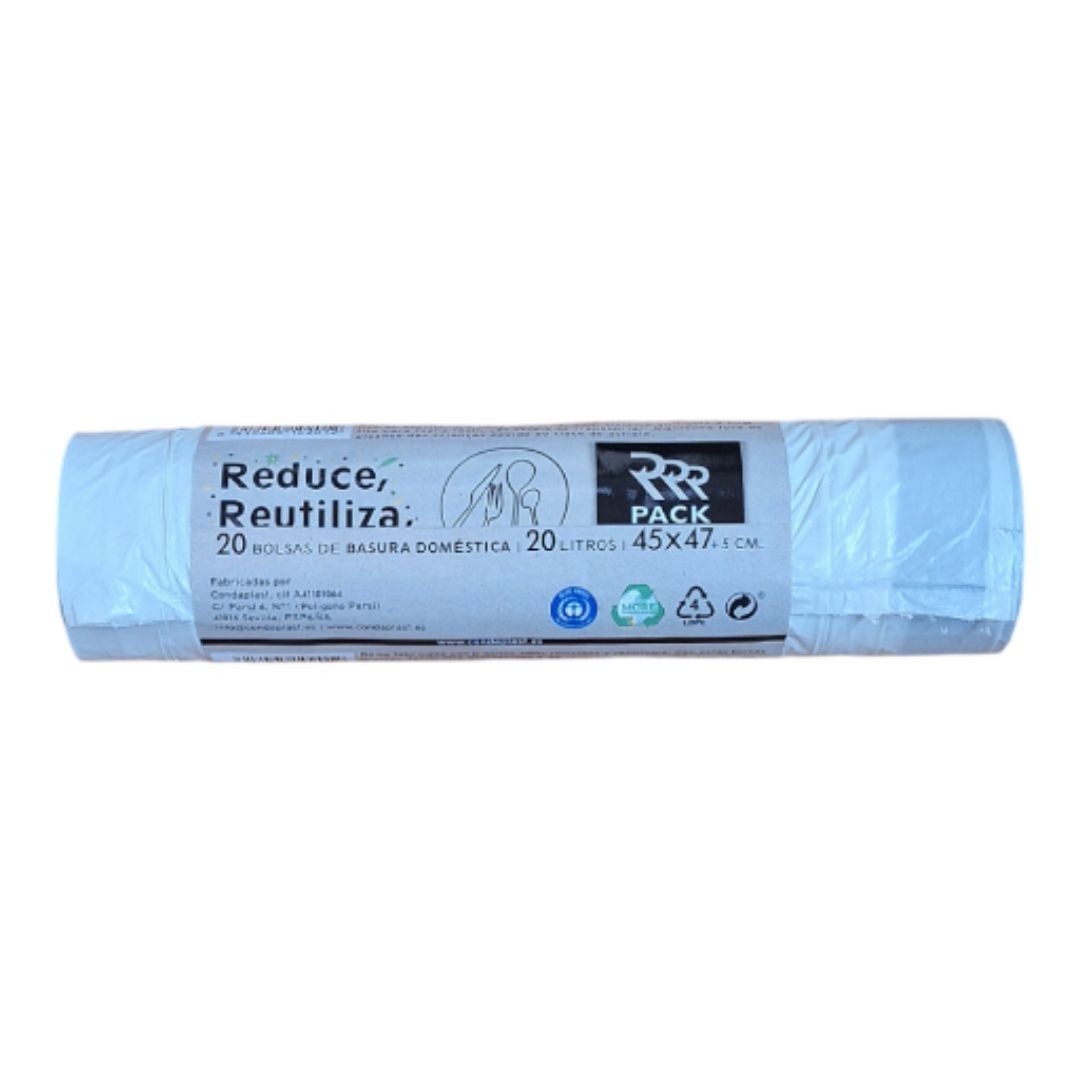 bolsa de basura autocierre blanca de 20 litros es ideal para papeleras en baños y aseos. Su diseño permite un cierre hermético, evitando derrames y malos olores.