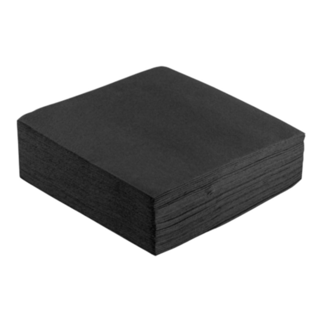 Servilletas de papel negras 40x40 cm, 2 capas, pack x50. Elegantes, resistentes y perfectas para eventos, bares y restaurantes.