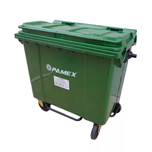 El contenedor de basura industrial verde de 660 litros es una solución ideal para la gestión de residuos en áreas comerciales, industriales, o urbanas que requieren la recolección de grandes volúmenes de basura.