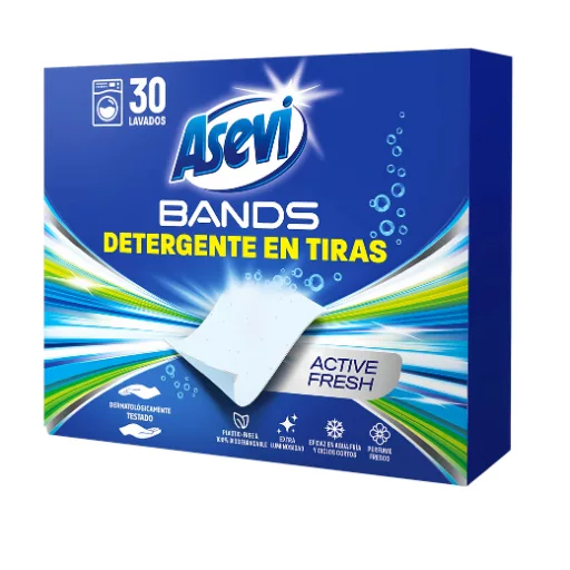 Detergente en Tiras Asevi Bands Active Fresh

Detergente concentrado en tiras para un lavado impecable y fácil de toda tu ropa. Hipoalergénico y testado dermatológicamente.