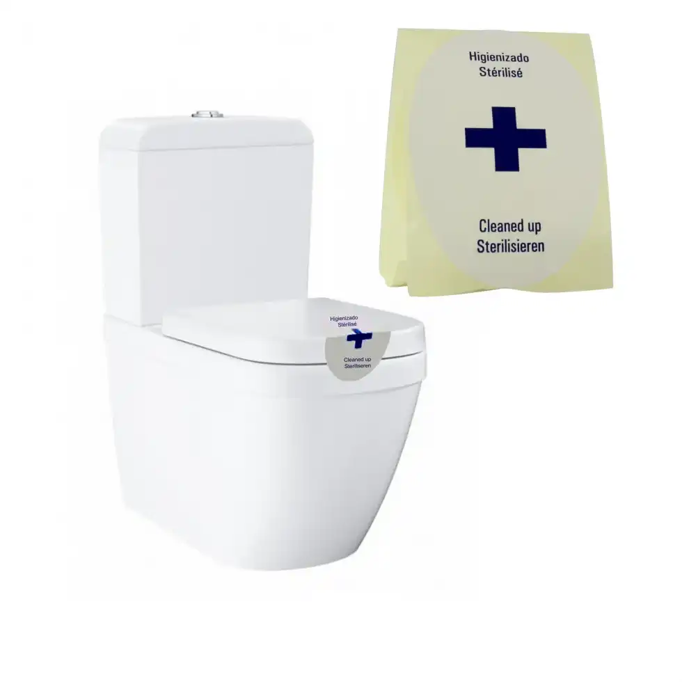 Precinto Señal Pegatina para WC
El precinto señal pegatina para WC es una solución práctica y efectiva diseñada para garantizar a los huéspedes que el inodoro ha sido adecuadamente higienizado, limpiado y desinfectado.