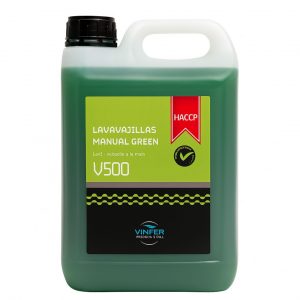 LAVAVAJILLAS V500 GREEN 5L: limpia y desengrasa vajilla y cristalería con fórmula biodegradable y alto rendimiento.