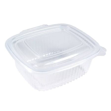 Tarrina de bisagra transparente 500 ml apta para microondas. Pack de 50 unidades ideal para comida caliente, take away, delivery y catering.