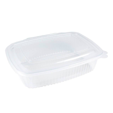 Tarrina de bisagra transparente 750 ml apta para microondas. Pack de 50 unidades ideal para comida caliente, take away, delivery y catering.