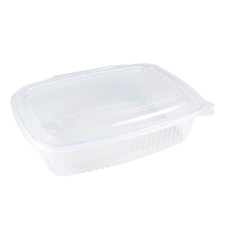Tarrina de bisagra transparente 750 ml apta para microondas. Pack de 50 unidades ideal para comida caliente, take away, delivery y catering.