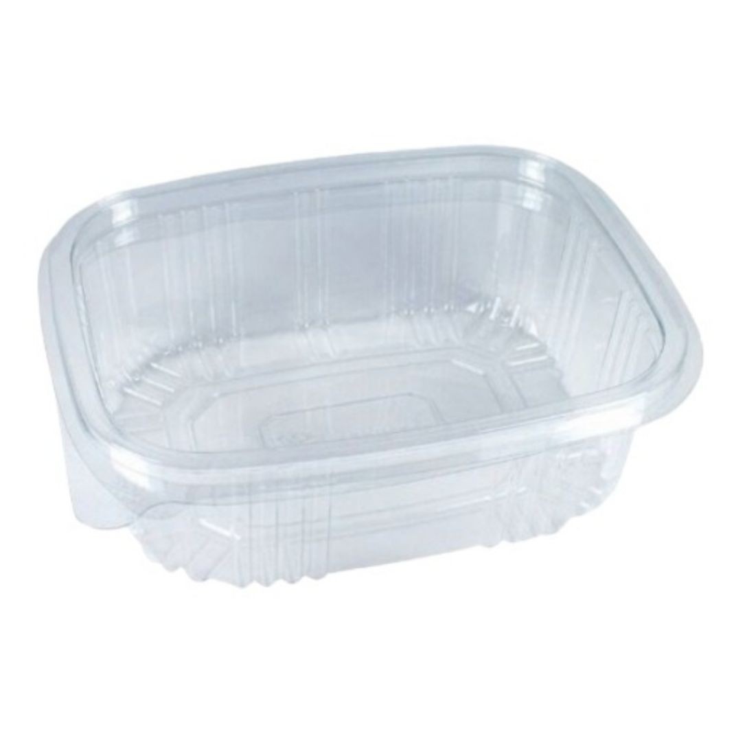 Tarrina PET transparente de 375 cc con tapa bisagra. Ideal para postres, ensaladas o frutas. Pack de 50 uds. Higiénica, práctica y reciclable.