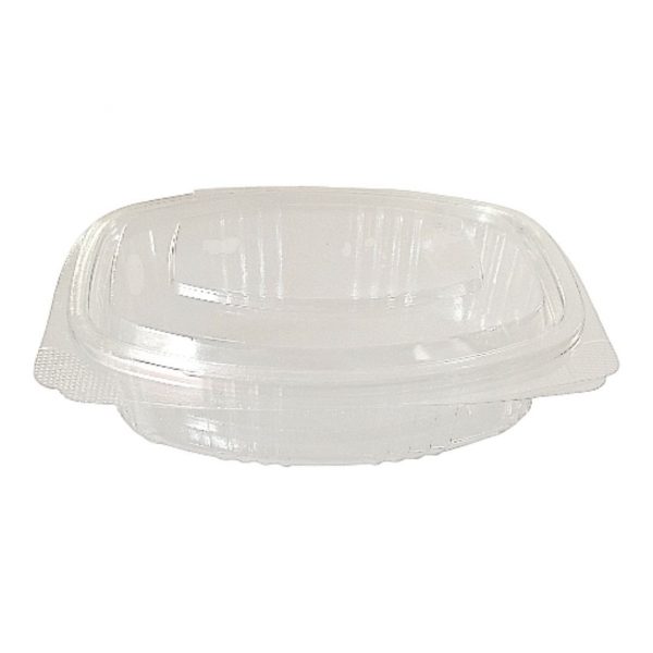 Compra tarrinas de bisagra PET 250 cc en pack de 50 unidades. Envases transparentes, resistentes y seguros para alimentos.