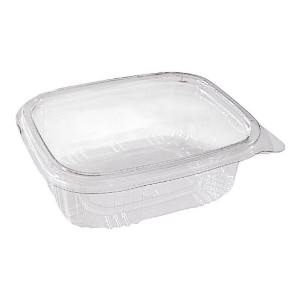 Compra tarrinas de bisagra PET 500 cc en pack de 50 unidades. Envases transparentes y resistentes para alimentos fríos