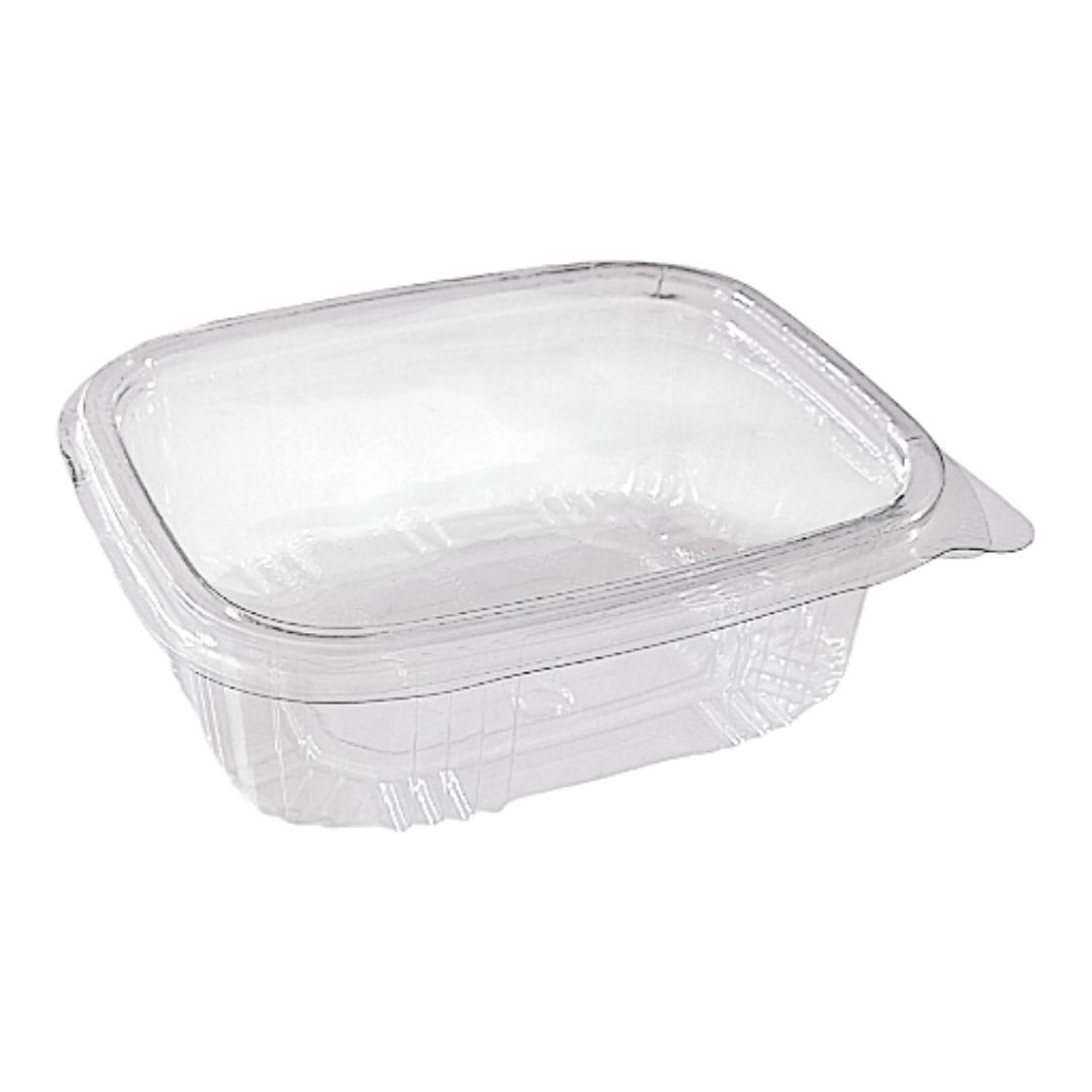 Compra tarrinas de bisagra PET 500 cc en pack de 50 unidades. Envases transparentes y resistentes para alimentos fríos