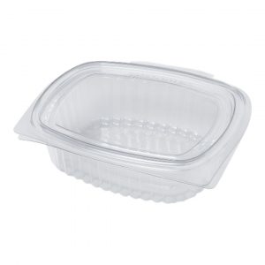 Tarrina RPET 250 ml ovalada con bisagra, ideal para alimentos fríos. Envase transparente, reciclado y práctico. Pack de 50 unidades