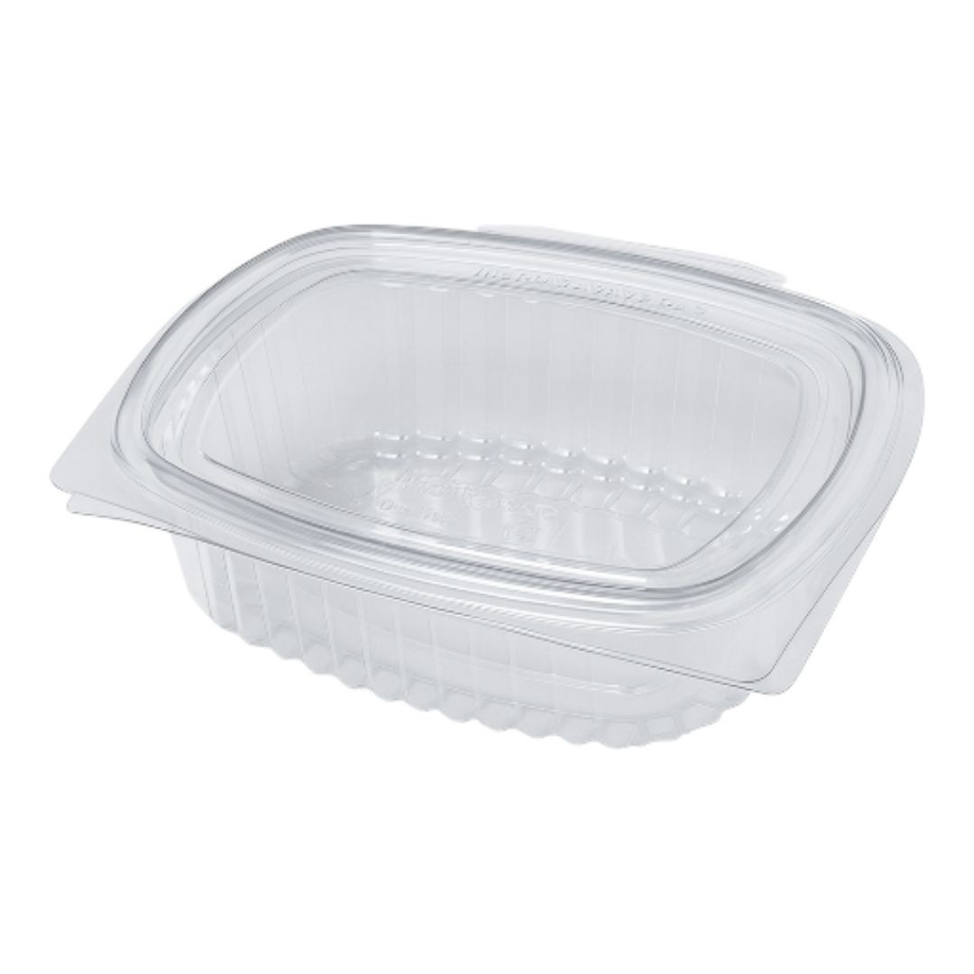 Tarrina RPET 375 ml ovalada con bisagra, ideal para alimentos fríos. Envase transparente, reciclado y práctico. Pack de 50 unidades