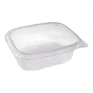 Compra tarrinas de bisagra PET 500 cc en pack de 50 unidades. Envases transparentes y resistentes para alimentos fríos