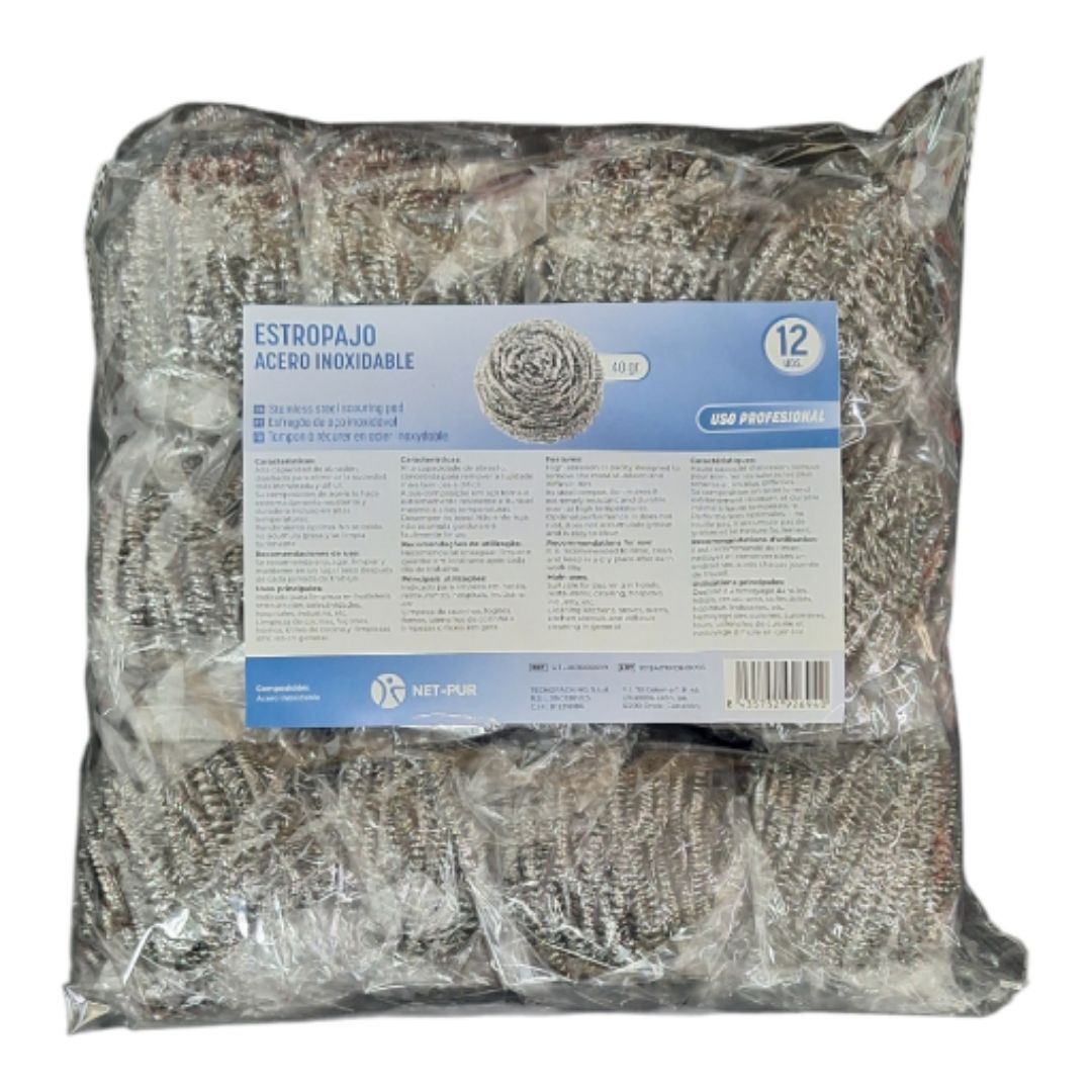 Estropajo de acero inoxidable 40 g, pack de 12 unidades. Ideal para limpieza profunda de ollas y sartenes. Resistente, duradero y eficaz.