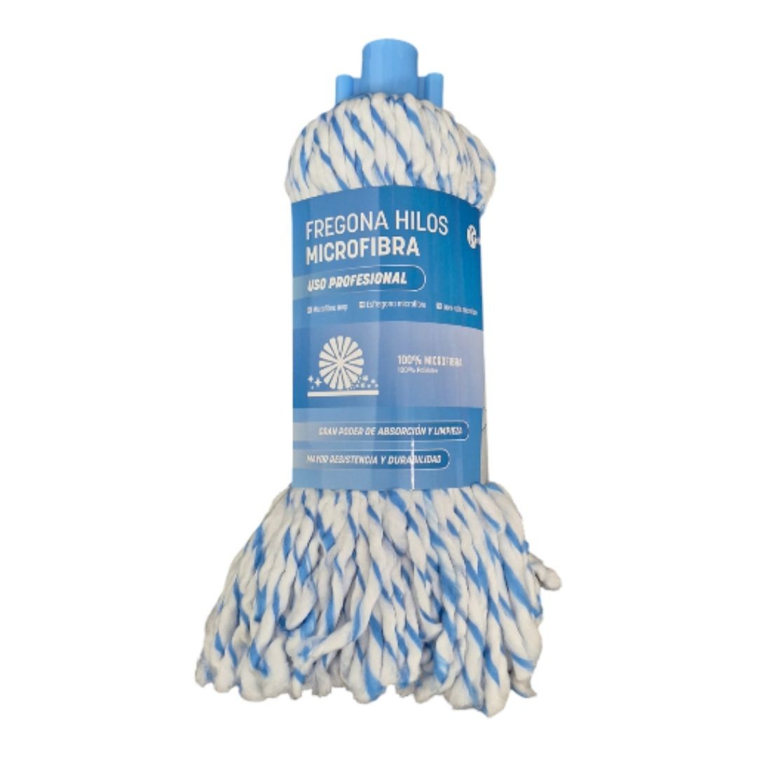 Fregona de microfibra azul/blanca: máxima absorción, limpieza rápida y suelos impecables. Ideal para hogar y uso profesional.
