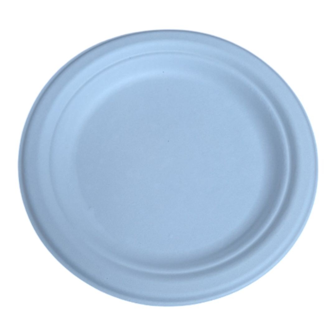 Plato llano biodegradable de caña de azúcar de 17 cm. Resistente, ecológico y apto para alimentos fríos y calientes. Pack de 50 unidades. Ideal para eventos y hostelería