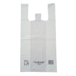 Bolsas de asa blanca elaboradas con un 50 - 70% de materiales reciclados que ayudan a conservar el medio ambiente