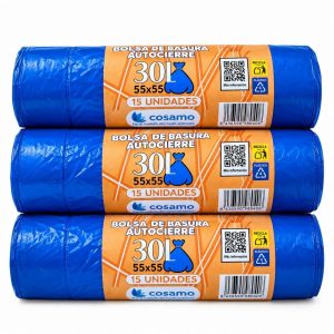 BOLSA DE BASURA DOMÉSTICA AUTOCIERRE AZUL 55X55 R/15 UDS