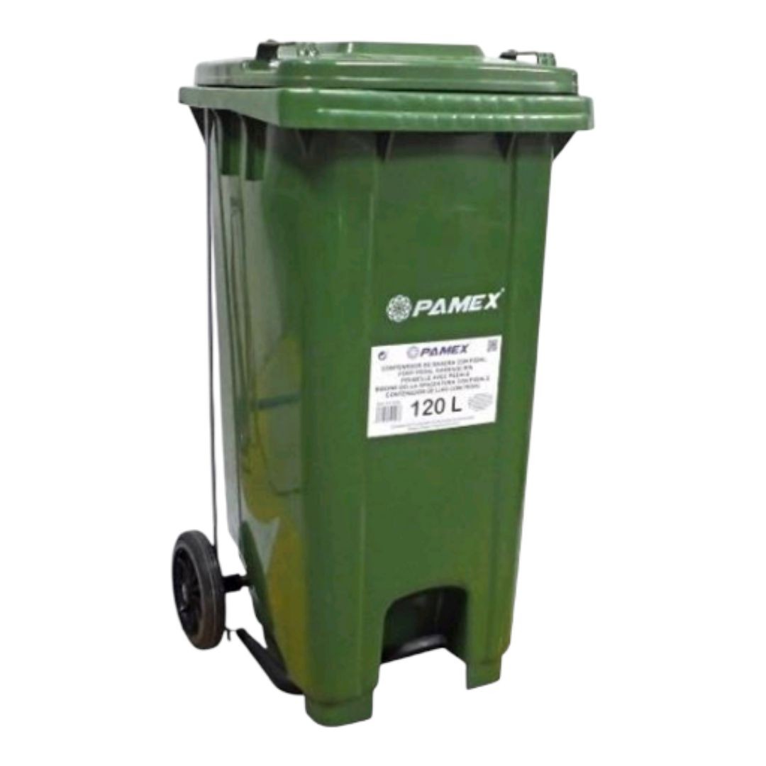 contenedor de basura verde 120l. con pedal y ruedas El contenedor de basura verde con pedal y ruedas es una solución eficiente para la gestión de residuos