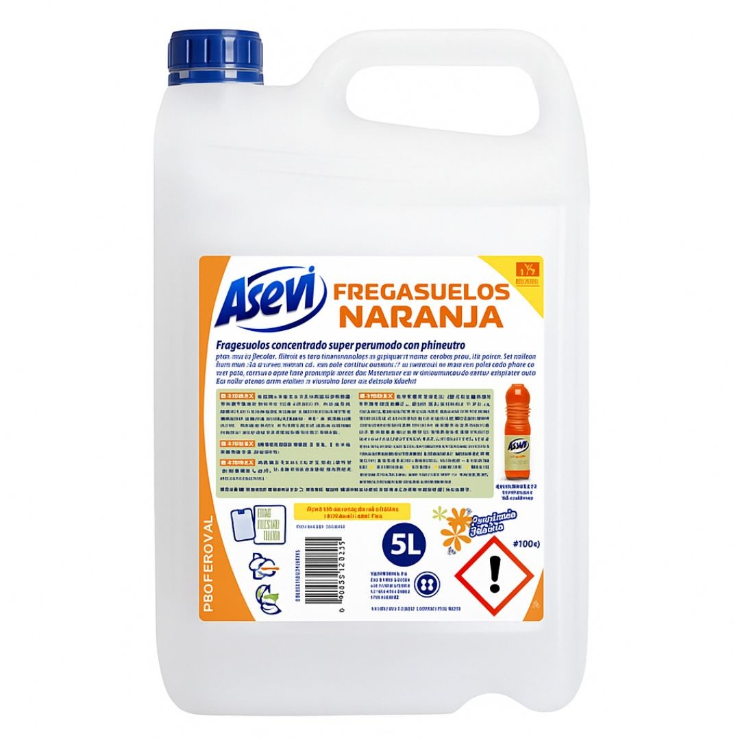 fregasuelos concentrado asevi naranja 5l. Asevi Fregasuelos Naranja 5L: limpiador concentrado con pH neutro y aroma cítrico duradero. Limpieza profunda y brillo para todo tipo de suelos