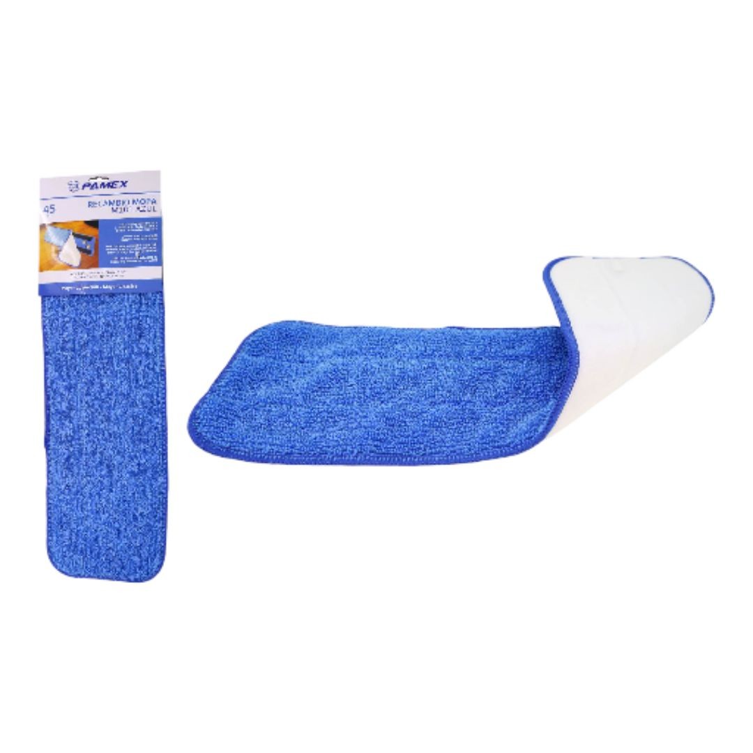 Mopa de microfibra azul de 45 cm de largo y 13,5 cm de ancho adaptable a nuestros soportes de mopa modelo M101 AZUL.
Ideal para todo tipo de suelos