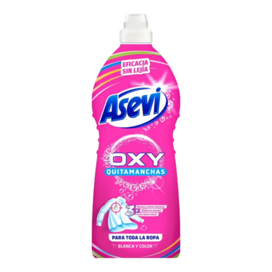 Quitamanchas Asevi oxi gel con Oxígeno Activo elimina eficazmente todo tipo de manchas y malos olores en ropa blanca y de color.