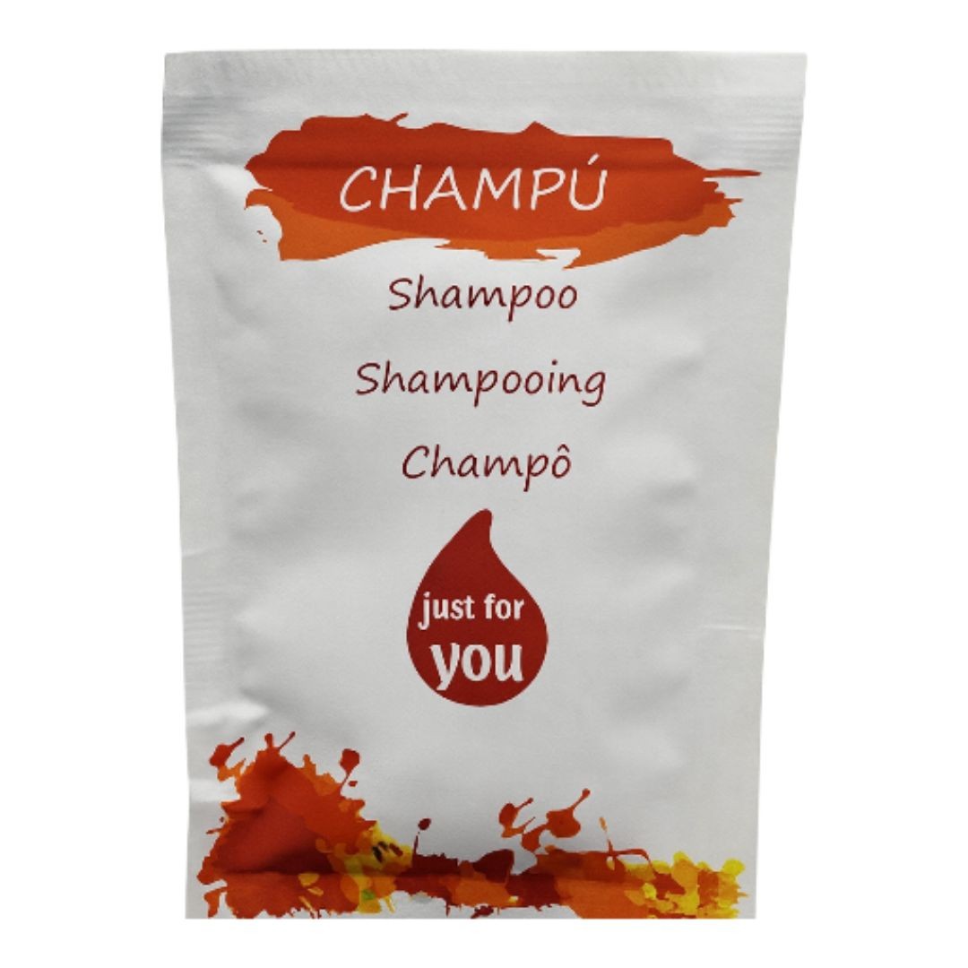Sobres de champú monodosis Hache 10 ml. Formato práctico e higiénico para hoteles y alojamientos. Presentación profesional en caja de 1000 unidades