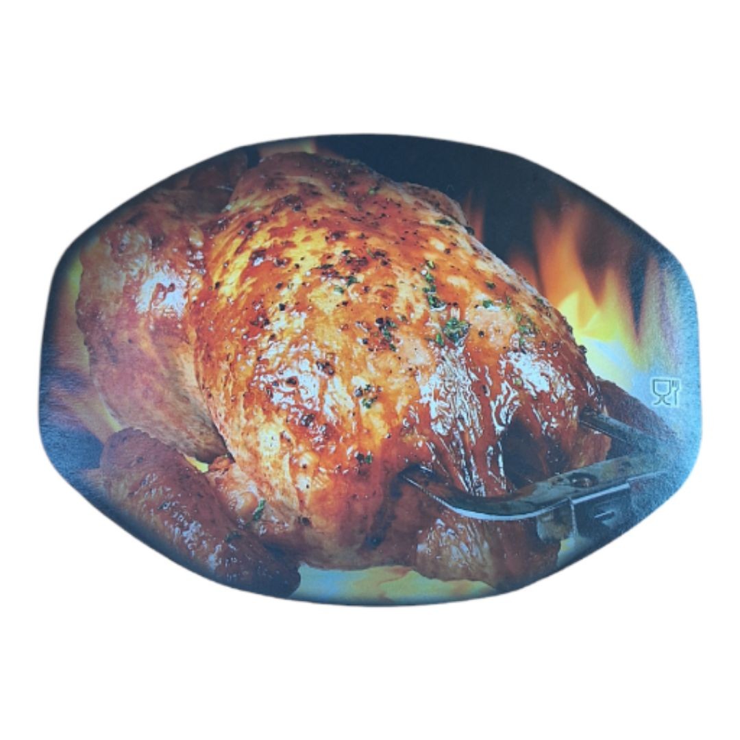 Tapa ovalada para pollo de 2500 cc, ideal para envases de aluminio. Proporciona protección contra derrames y mantiene la frescura de los alimentos.