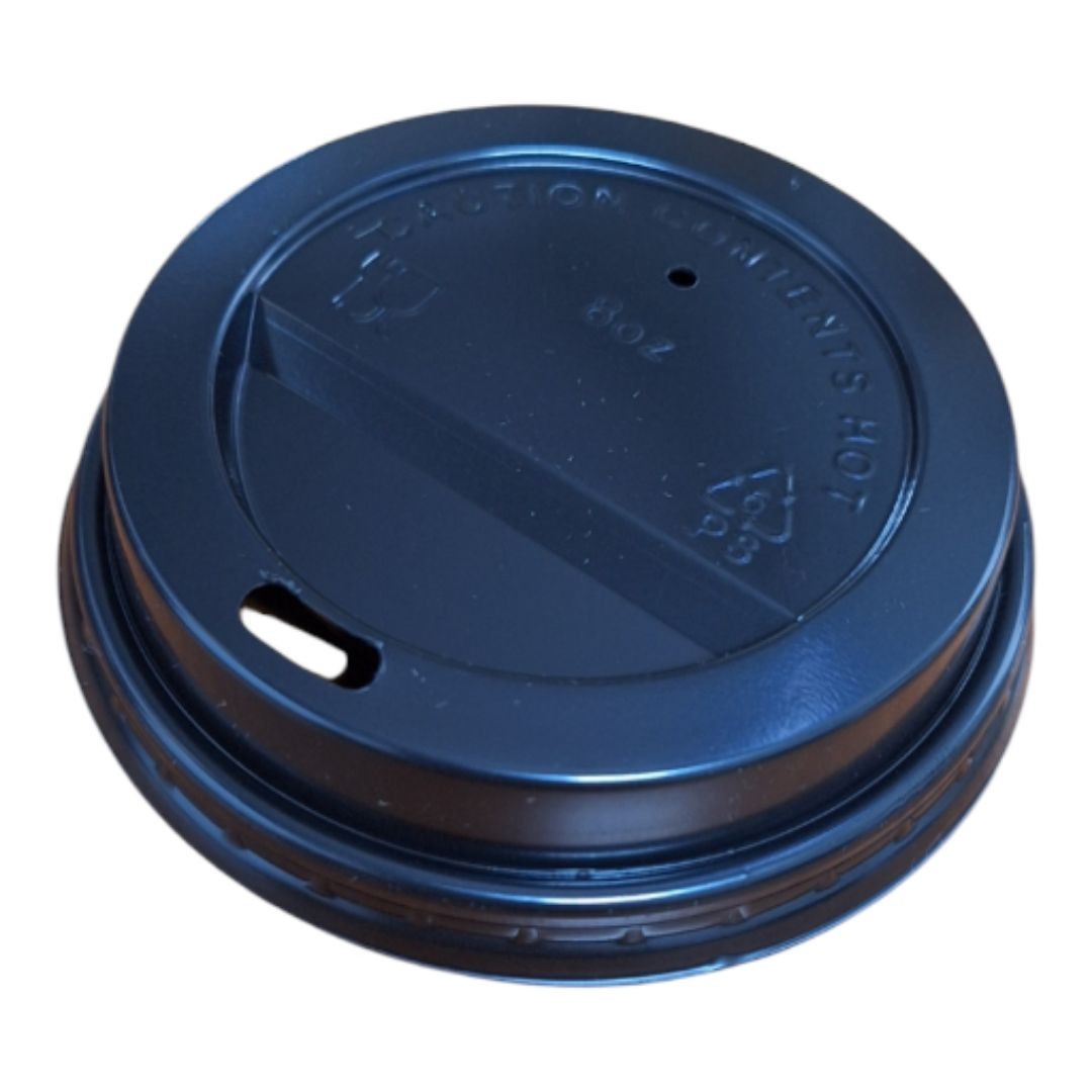 Tapa para vaso de cartón negra en pack de 100 unidades. Ajuste seguro, ideal para bebidas para llevar en cafeterías y hostelería.