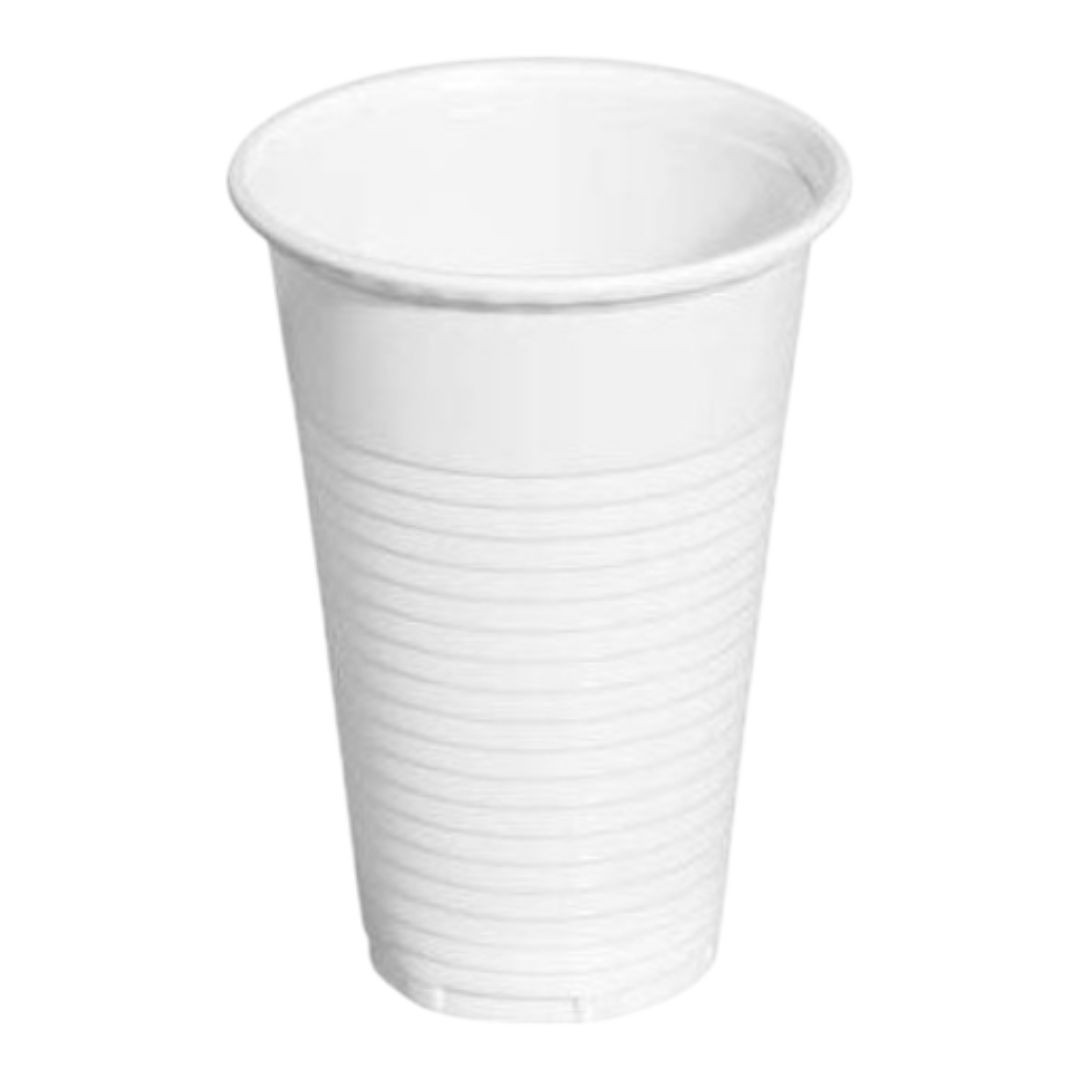 Pack de 100 vasos de plástico blanco de 220 cc, resistentes y perfectos para fiestas, eventos y uso diario. Comodidad, higiene y excelente relación calidad-precio